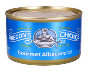 Oregon's Choice Gourmet Albacore Tuna No Salt Added 7.5 oz can - showcasing the natural, unadulterated flavor and quality of sustainably caught, high Omega-3, low mercury tuna.