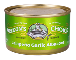 Spicy Jalapeno Garlic Albacore Tuna can by Oregon's Choice - Good Food Awards Winner 2022, featuring fresh albacore with jalapenos and garlic, packed for peak flavor and nutrition.