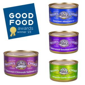 Oregon's Choice Gourmet Winner Pack featuring Good Food Award-winning Gourmet Albacore and Royal Chinook Salmon, with flavors like Alderwood Smoked and Jalapeno Garlic, 7.5 oz cans, showcasing the finest in sustainable and premium canned seafood.
