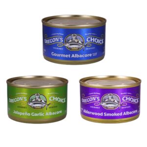 Oregon's Choice Gourmet 3-Can Albacore Sampler Pack featuring Lightly Salted, Alderwood Smoked, and Jalapeno Garlic Tuna, 7.5 oz each, MSC certified, packed in non-BPA cans, showcasing the variety and premium quality of sustainably caught Oregon Albacore.