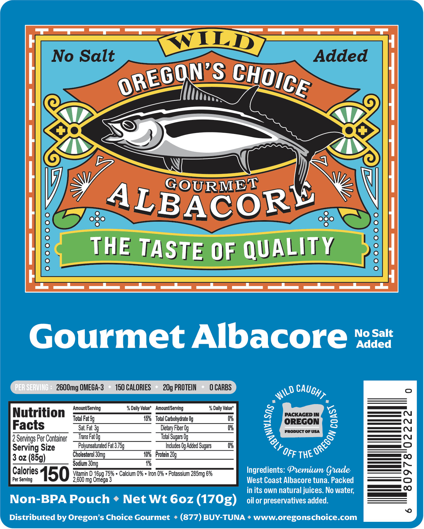 Gourmet Albacore Tuna No Salt Added 6 oz. Pouch (Single Pouch)