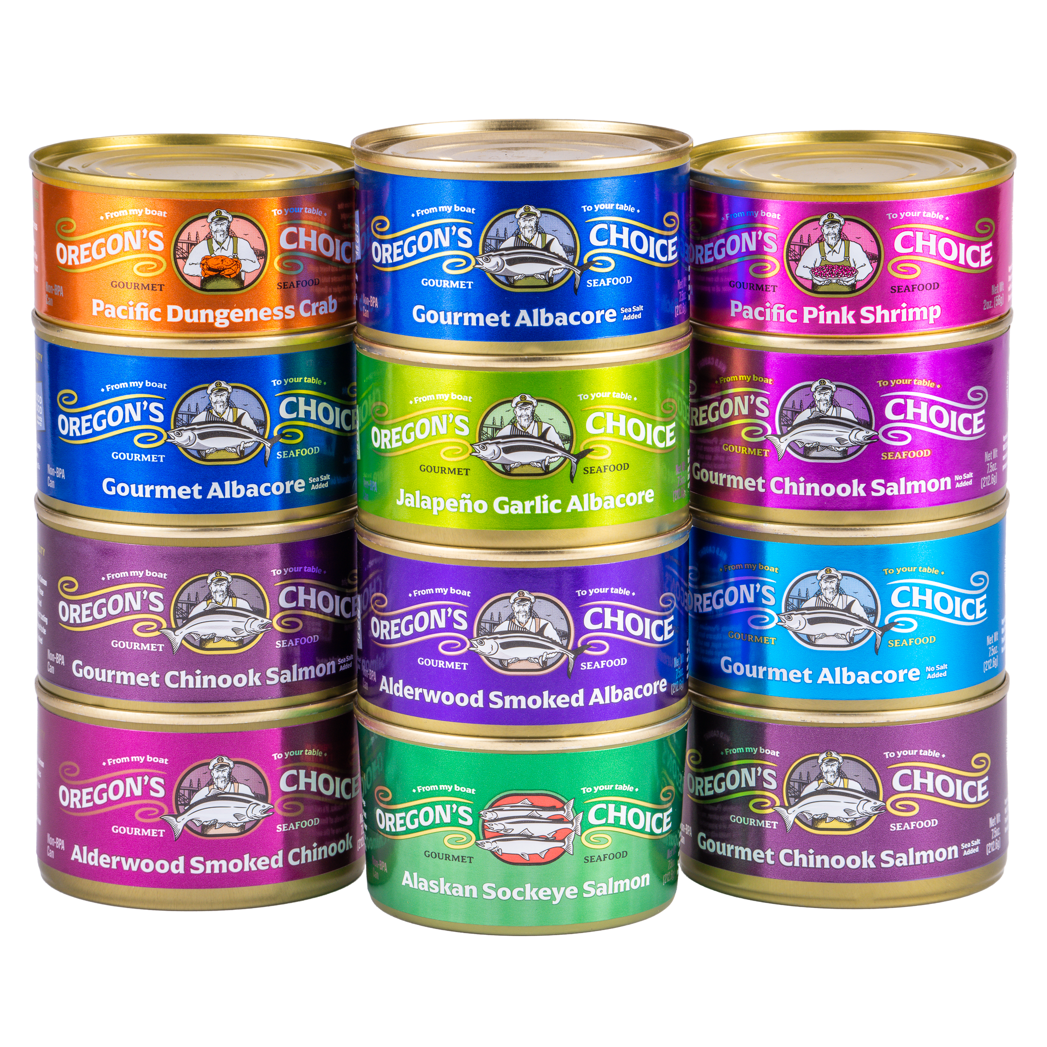 Craft the ultimate seafood collection with our 12-Can Custom Variety Pack, featuring a diverse selection of sustainably-sourced albacore tuna and salmon flavors.