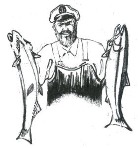 Illustration of Herb holding Chinook salmon