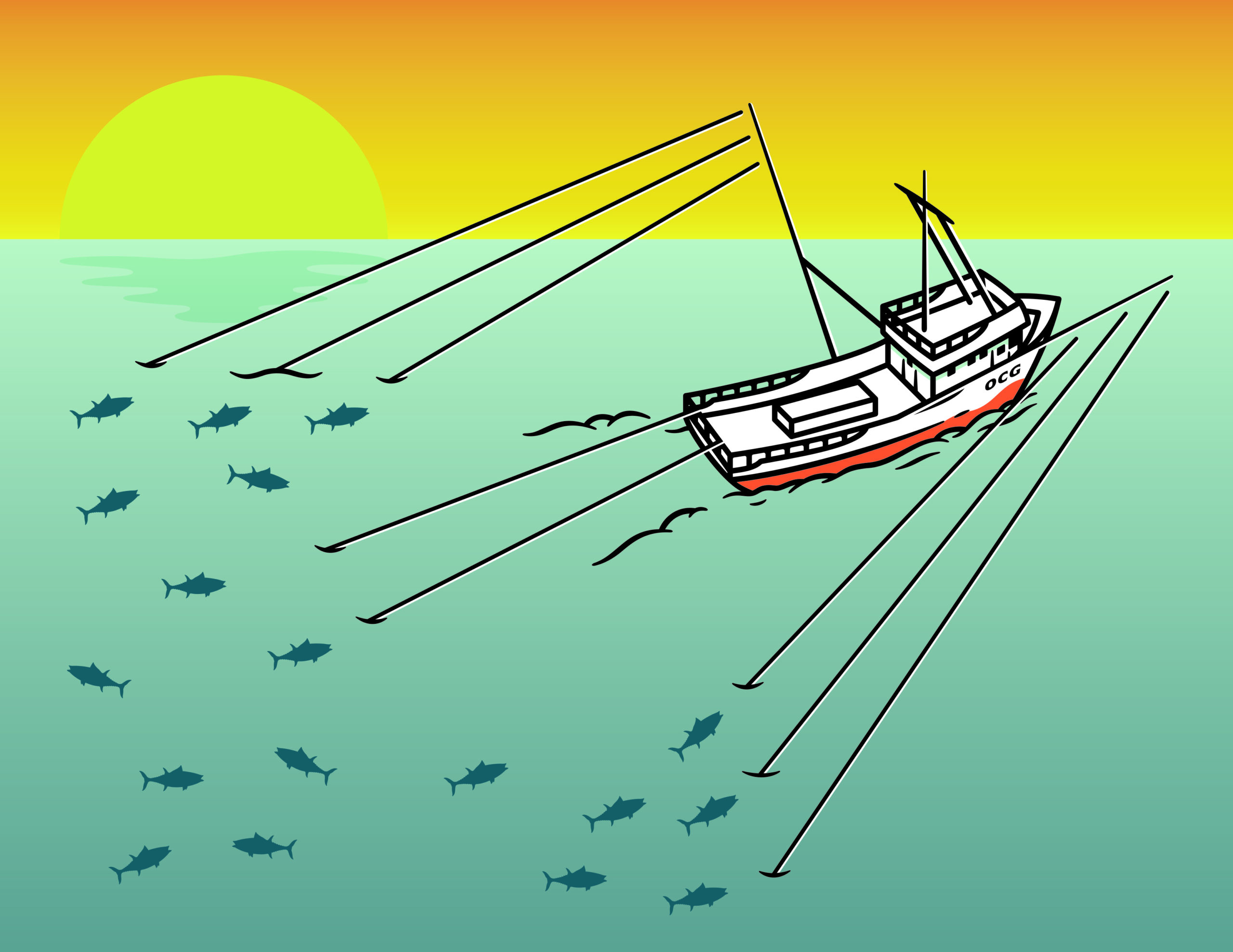 Illustration of a tuna troller demonstrating sustainable fishing methods